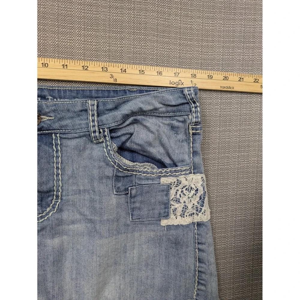 Cowgirl Tuff Co Skirt Womens 32 Blue Denim Mini Lace Patches Raw Hem Cowboy